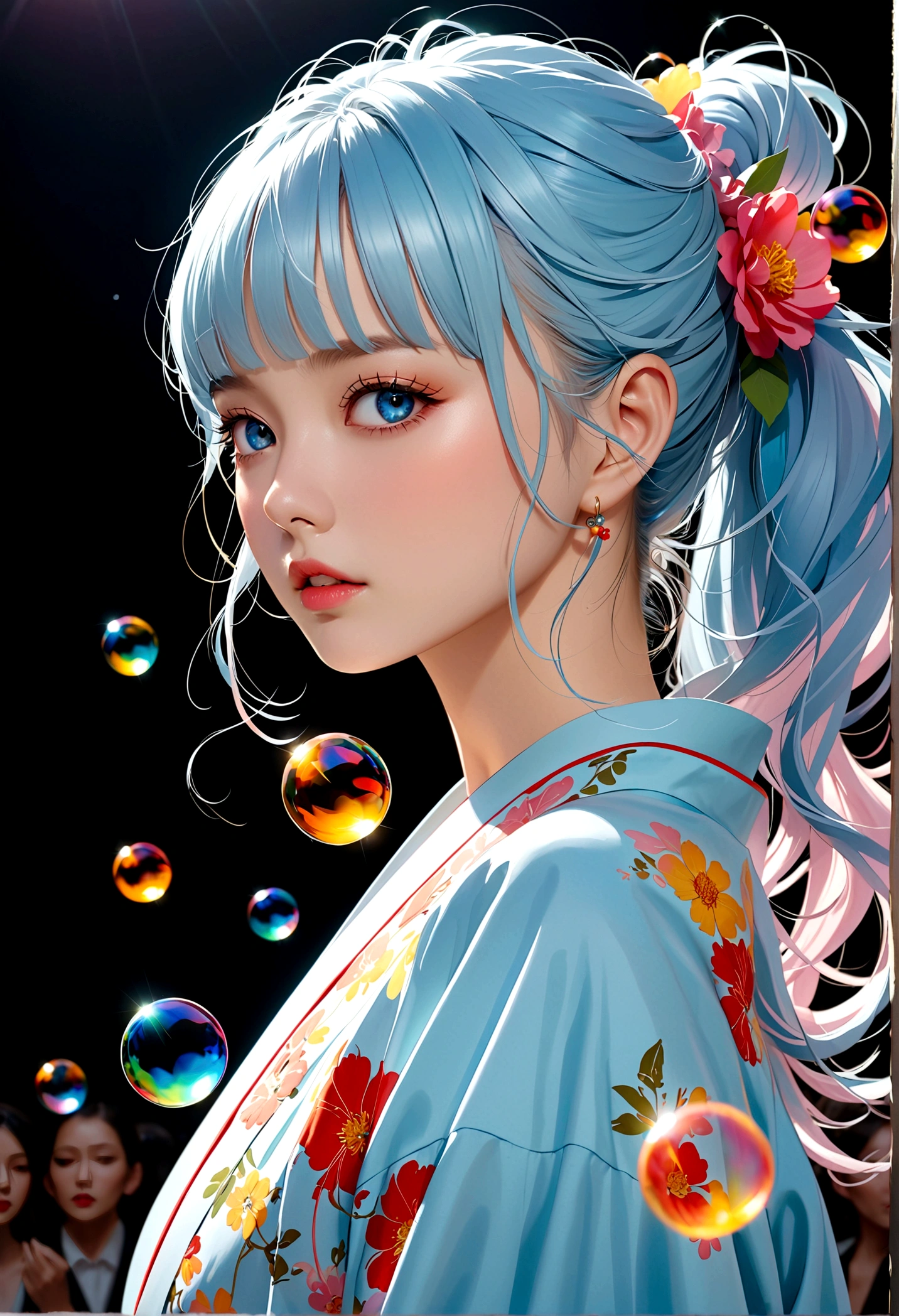 (masterpiece), (best quality), (Extremely detailed),(Messy hair),(illustration), (1 Girl), (Fashion), permanent, fashion model, Looking at the audience, (interview), (Simple background),Beautiful and delicate eyes, Delicate and beautiful face, floating,(High Saturation),(Colorful splash),Colored bubbles,(shining), Focus on the face, Ponytail, Kamisato Ayaka, Light blue hair, Bangs, Hair ring, Floating flowers, Floating hair, (shining), Optimal lighting, The best shadow,