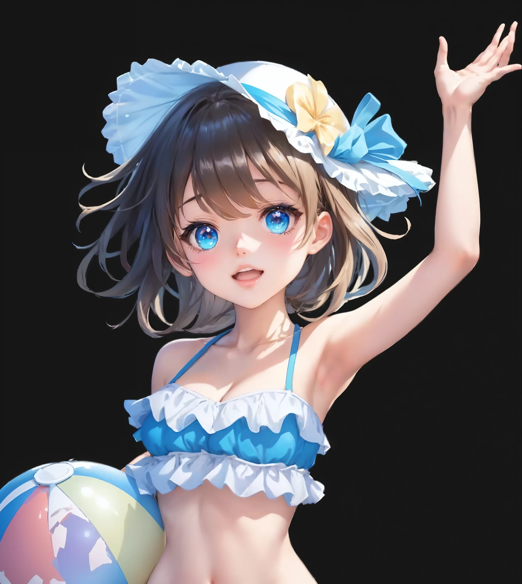 highest quality、Beach、Swimwear、One Girl、Blue Eyes、Young realistic anime girl、Realistic anime art style、Captivating look 、8K