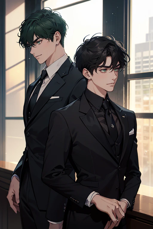 ((a young man in a black suit and tie)), taken in the early 2020s, gotham, alejandro, he looks very sophisticated, (((left side swept bang black short hair))), (dark green eyes and thick eyebrows), smirk. ((20 years old)), ((Black suite and black tie)), masterpiece, posture dynamic, one person