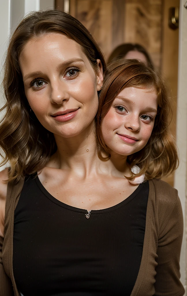 2heads, mom and daughter, (a 30 year old woman and a 5 year old girl:1.5), (female:1.5), (a blonde and a redhead:1.3)