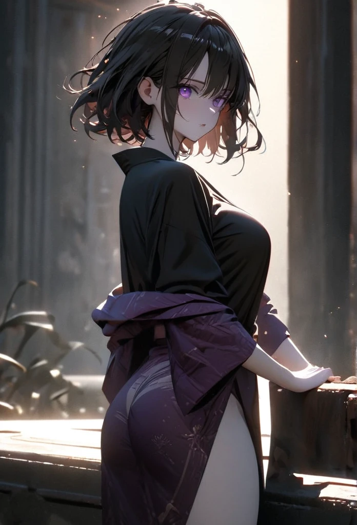 (solo), pitch black hair, messy hair, mane hair, short hair, dense hair, wild hair, expressive hai,(25 year old), pale skin, ((Female)), purple eyes, beautiful girl, wearing a black and purple kimono, beautiful, attractive, big breast, medium ass, black shirt, Yin, eye reflection, depth of field, thunder aura, cinematic lighting, ray tracing, depth of field, cinematic lighting, ray tracing, UHD, high details, best quality, highres, high quality, award winning, super detail, masterpiece, 8k, UHD, high details, best quality, highres, high quality, award winning, super detail, masterpiece, 8k, digital art, anime coloring, body shot, good face, perfect face, detailed face, good eyes. The background is space.