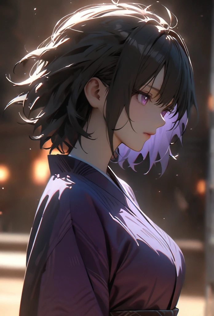 (solo), pitch black hair, messy hair, mane hair, short hair, dense hair, wild hair, expressive hai,(25 year old), pale skin, ((Female)), purple eyes, beautiful girl, wearing a black and purple kimono, beautiful, attractive, big breast, medium ass, black shirt, Yin, eye reflection, depth of field, thunder aura, cinematic lighting, ray tracing, depth of field, cinematic lighting, ray tracing, UHD, high details, best quality, highres, high quality, award winning, super detail, masterpiece, 8k, UHD, high details, best quality, highres, high quality, award winning, super detail, masterpiece, 8k, digital art, anime coloring, body shot, good face, perfect face, detailed face, good eyes. The background is space.