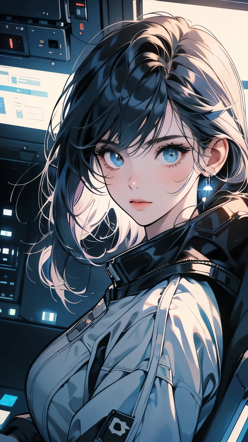 One beautiful woman, inside a spaceship, perfect machine, spacesuit, looking at camera, perfect face, zero gravity, outer space, lots of wires, switchboard, perfect and detailed machine, robot, detailed hair, (((Various angles))), cockpit, upper body shot, most beautiful woman alive, head shot , Super detailed background, top quality, Unique and beautiful eyes, Various unique hairstyles, Ghost in the Shell, Long shot, Panorama, (((Various eye color))), Various hair color, Outer space in the background, Unique and perfect face, Pale Lighting, shoot from above