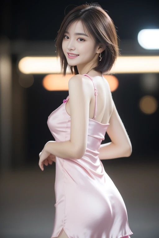 8K, masterpiece, Raw photo, Best Quality, Photorealistic, Highly detailed CG Unity 8K wallpaper, depth of fields, Cinematic Light, Lens Flare, Ray tracing, (Extremely beautiful face, Beautiful lips, Beautiful eyes), intricate detail face, ((Ultra detailed skin)) 1girl in, In the Dark, deepshadow, Pretty Korean girl, Kpop Idol, 1 girl, (Very slim and slender fit muscular body:1.3), ((Looking at Viewer)),(Big smile:1.3), (Fashion City Night, a dark night, (Neon sign), (Blurred background), Fashion Street Night),(No people in the background:1.3), Beautiful earrings, Bracelets, Necklace, pantyhose, Clear eyes, Walking, (pale skin), (Big eyes), Face forward, (short bob hair), (Full body shot), ((Silk Hot Pink Color Dress:1.3)), ((tight fit dresses)), ((laced dress)), (Looking at Viewer:1.3) opened breast, Very slim, medium breasts, backtrack, (Back shot), ass focus, In front of the eyebrows,(Tight Dress), thick thighs