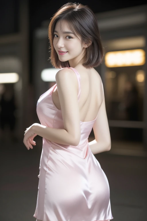 8K, masterpiece, Raw photo, Best Quality, Photorealistic, Highly detailed CG Unity 8K wallpaper, depth of fields, Cinematic Light, Lens Flare, Ray tracing, (Extremely beautiful face, Beautiful lips, Beautiful eyes), intricate detail face, ((Ultra detailed skin)) 1girl in, In the Dark, deepshadow, Pretty Korean girl, Kpop Idol, 1 girl, (Very slim and slender fit muscular body:1.3), ((Looking at Viewer)),(Big smile:1.3), (Fashion City Night, a dark night, (Neon sign), (Blurred background), Fashion Street Night),(No people in the background:1.3), Beautiful earrings, Bracelets, Necklace, pantyhose, Clear eyes, Walking, (pale skin), (Big eyes), Face forward, (short bob hair), (Full body shot), ((Silk Hot Pink Color Dress:1.3)), ((tight fit dresses)), ((laced dress)), (Looking at Viewer:1.3) opened breast, Very slim, medium breasts, backtrack, (Back shot), ass focus, In front of the eyebrows,(Tight Dress), thick thighs