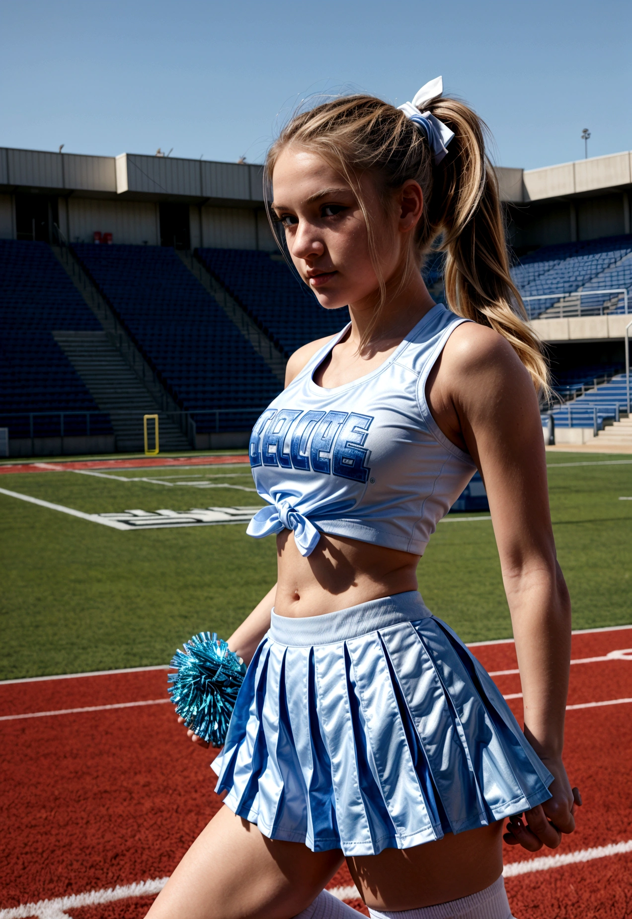 Create a detailed, full-body image of a teenage cheerleader. She is around ************ with a bright and energetic expression. She has long, wavy blonde hair tied up in a high ponytail with a ribbon matching her cheerleading uniform. The uniform consists of a vibrant blue and white cheerleading outfit with a pleated skirt and a fitted top emblazoned with the school’s mascot, a fierce-looking falcon. She wears white athletic shoes with matching blue and white socks that reach mid-calf. She is holding a pair of shiny silver pom-poms in each hand, positioned as if she’s in mid-cheer. The background shows a sunny high school football field with bleachers and a scoreboard in the distance. The overall atmosphere is lively and spirited, capturing the essence of high school sports and team spirit. Ensure the details of her outfit, facial features, and background are crisp and clear.