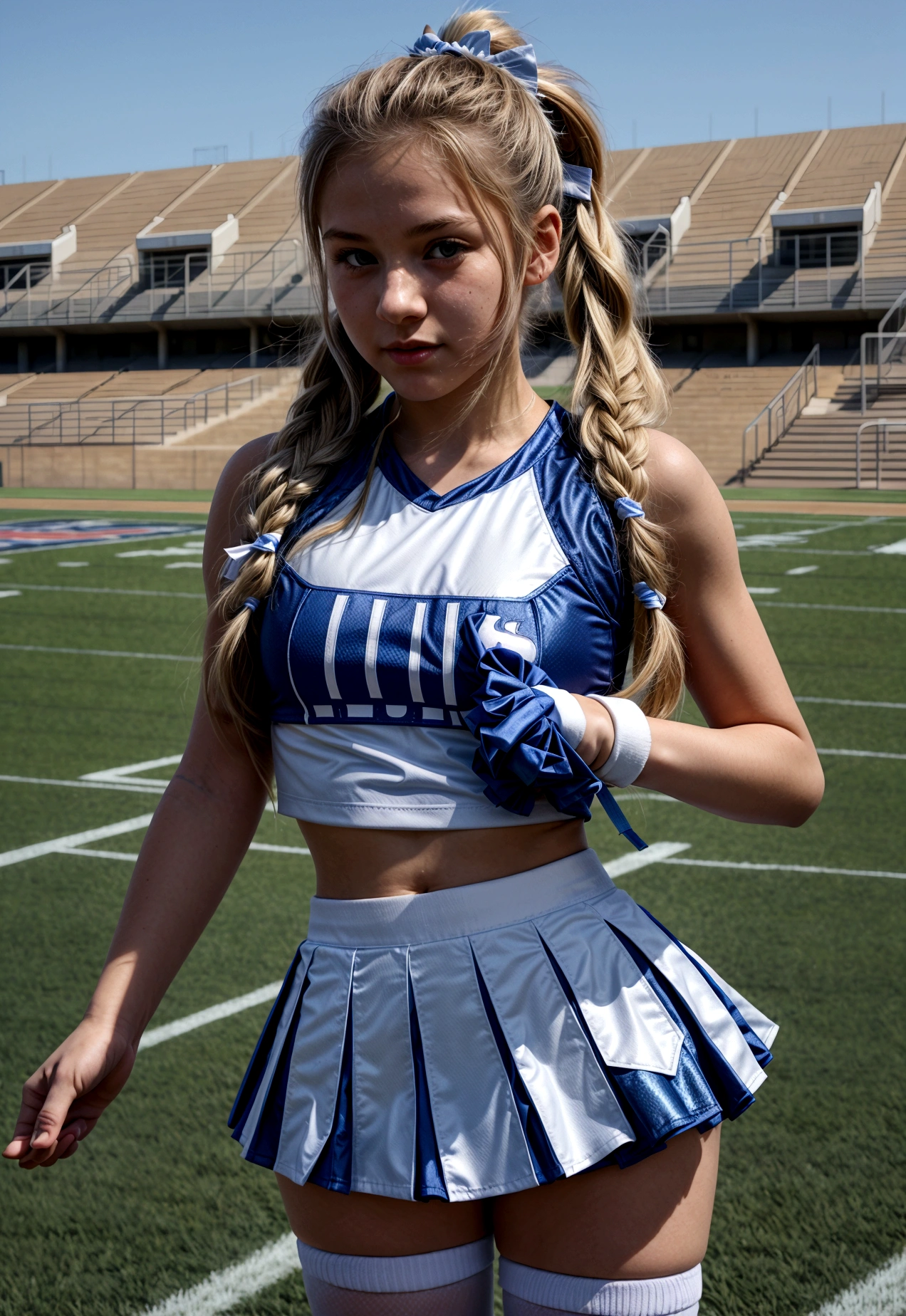 Create a detailed, full-body image of a teenage cheerleader. She is around ************ with a bright and energetic expression. She has long, wavy blonde hair tied up in a high ponytail with a ribbon matching her cheerleading uniform. The uniform consists of a vibrant blue and white cheerleading outfit with a pleated skirt and a fitted top emblazoned with the school’s mascot, a fierce-looking falcon. She wears white athletic shoes with matching blue and white socks that reach mid-calf. She is holding a pair of shiny silver pom-poms in each hand, positioned as if she’s in mid-cheer. The background shows a sunny high school football field with bleachers and a scoreboard in the distance. The overall atmosphere is lively and spirited, capturing the essence of high school sports and team spirit. Ensure the details of her outfit, facial features, and background are crisp and clear.