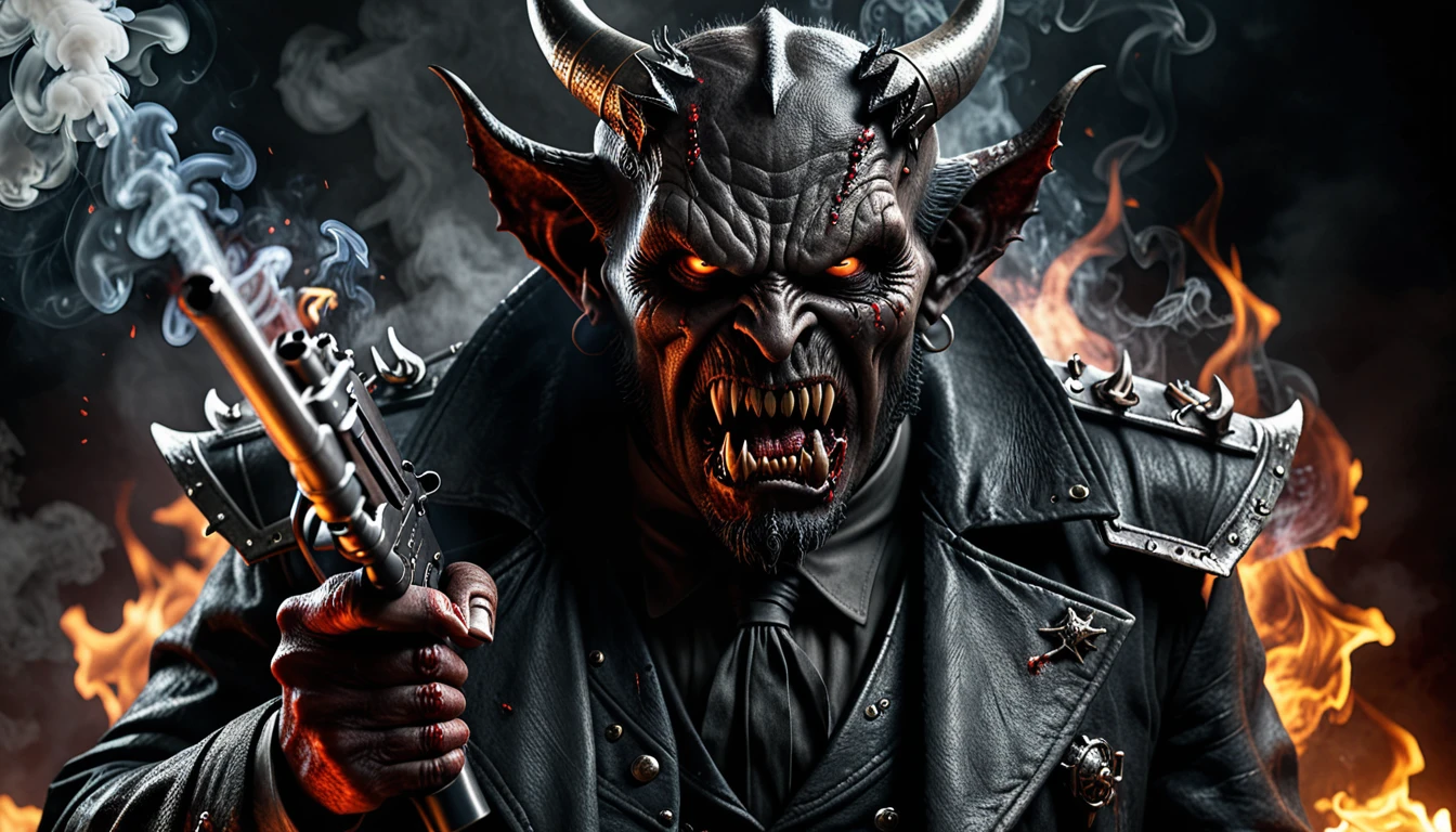 Close up shot of an realistic mad angry dark evil demon,holding a smoking gaitling gun, portrait photography,MASTERPIECE, fantasy art, horror art,dark fantasy,typography, 3d render,bloody text “I HATE COPYCATS”