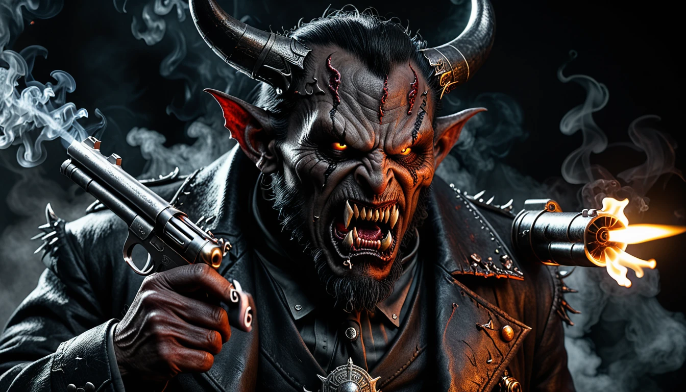 Close up shot of an realistic mad angry dark evil demon,holding a smoking gaitling gun, portrait photography,MASTERPIECE, fantasy art, horror art,dark fantasy,typography, 3d render,bloody text “I HATE COPYCATS”