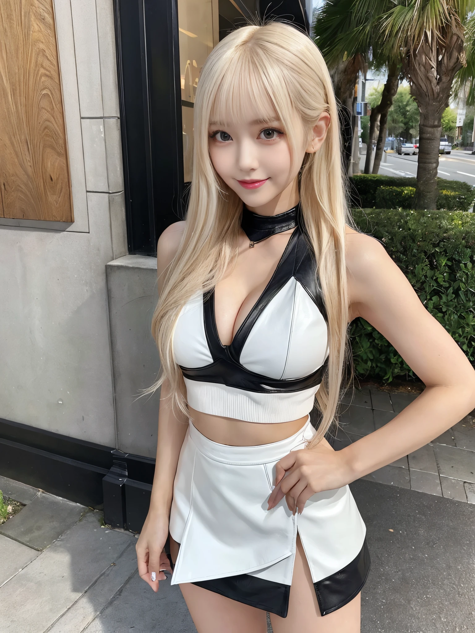 (Full Body Shot:1.3),( Masterpiece, Highest quality), 98k, ((Perfect Anatomy:1.2)),Beautiful Japanese Women, Succubus,(One person:1.3), 20-year-old, Small face,(Cute face:1.2),Smiling, Larger breasts, ,Beautiful and detailed eyes, Evenly spaced eyes 1.2, long platinum blonde hair,(Random Hairstyles), (Highly detailed face and skin texture), Beautiful face in golden proportions,White skin,(Black leather mini skirt:1.2),Random sexy poses、(Expose the valley:1.3),(Exposing your thighs:1.2),Gal Makeup,Halter neck