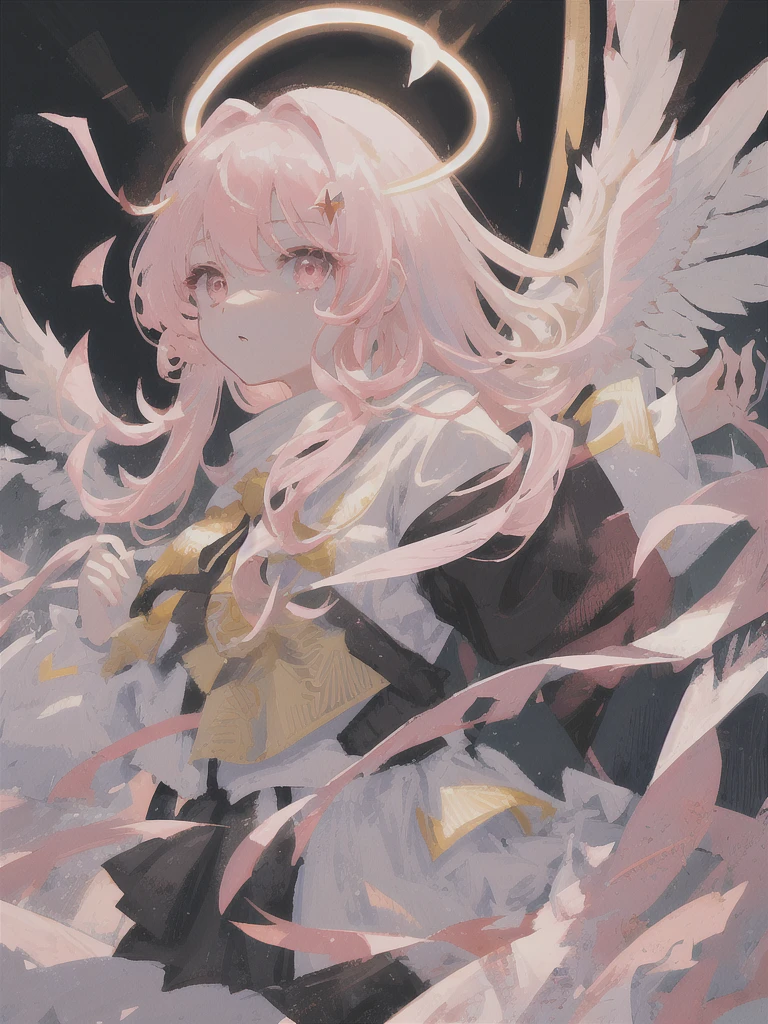 masterpiece, best quality, ultra-detailed, illustration, close-up, straight on, face focus, 1girl, white long hair, dark pink eyes, long hair, halo, angel wings, serene expression, looking at viewer