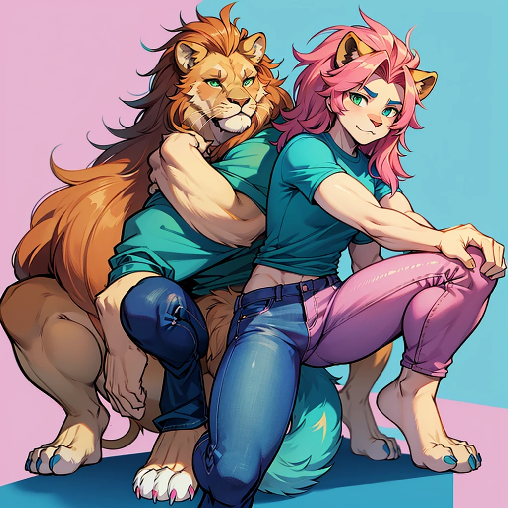 Male lion furry squat pose legs open look front blue pink background green eyes blue pink background jeans and blue shirts tail