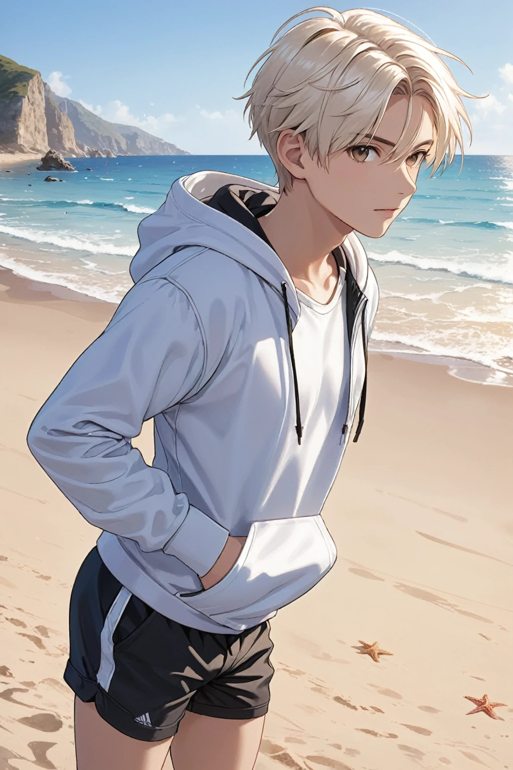 (masterpiece, best quality:1.5), (ultra detailed, high resolution, 8k, beautiful detailed, UHD, best anatomy), 1 handsome boy, white short hair, shorts (e.g. seaside use), thin hooded, sandy beach