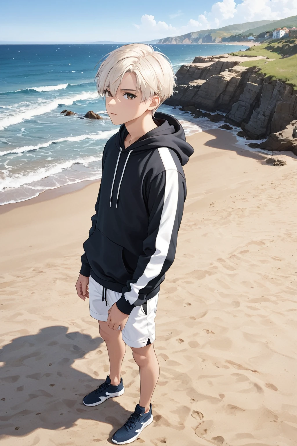 (masterpiece, best quality:1.5), (ultra detailed, high resolution, 8k, beautiful detailed, UHD, best anatomy), 1 handsome boy, white short hair, shorts (e.g. seaside use), thin hooded, sandy beach