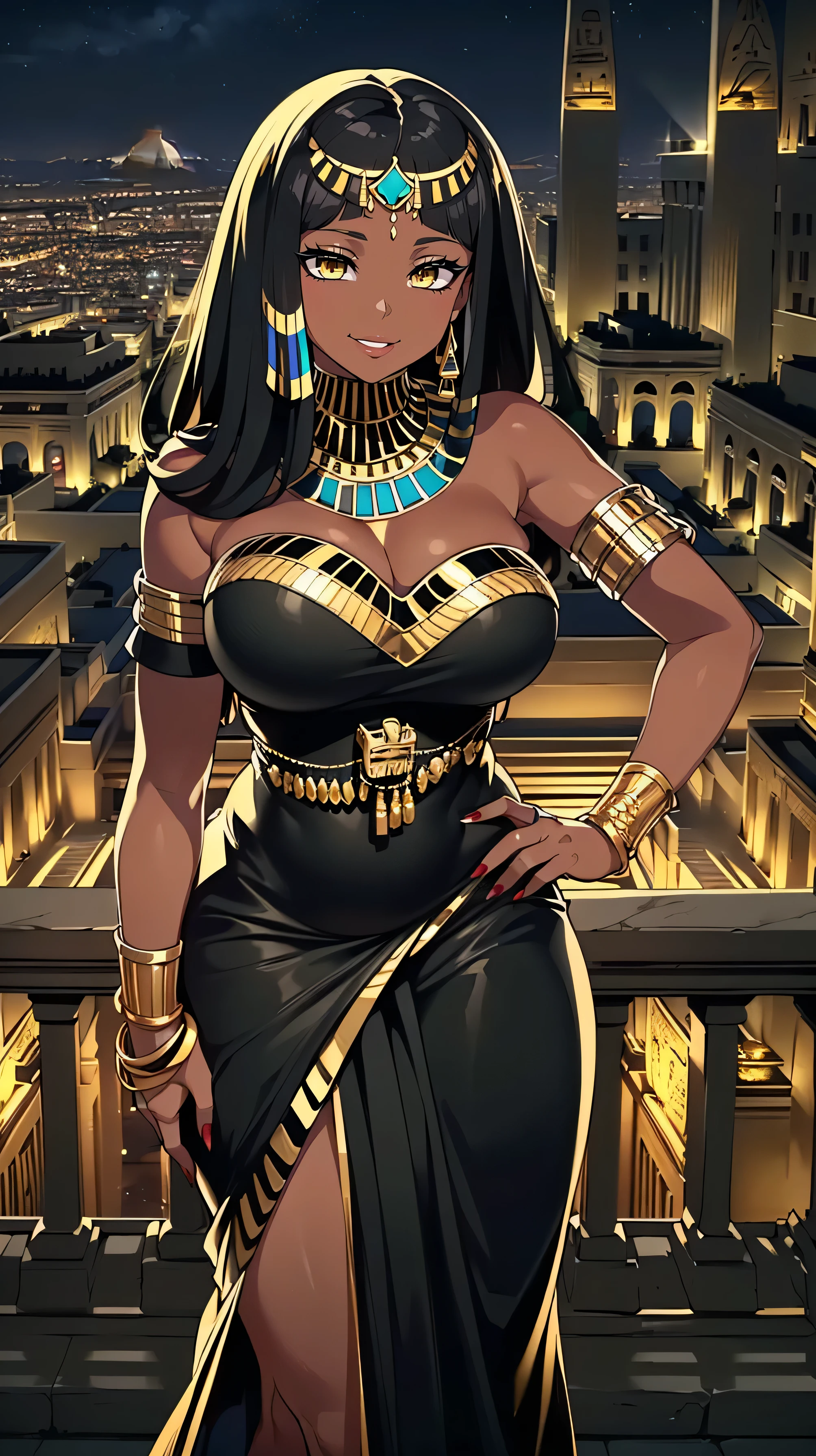 4K Quality, (sexy black woman), (big smile), ((standing up, hand on hip)), ((black and gold egyptian dress)), ((black and gold egyptian hair)), ((gold eyes)), ((dark skinned)), thick thighs, big breasted, big ass, (looking at viewer), (((in the black and gold egyptian city))), (nighttime), ((egyptian city background))