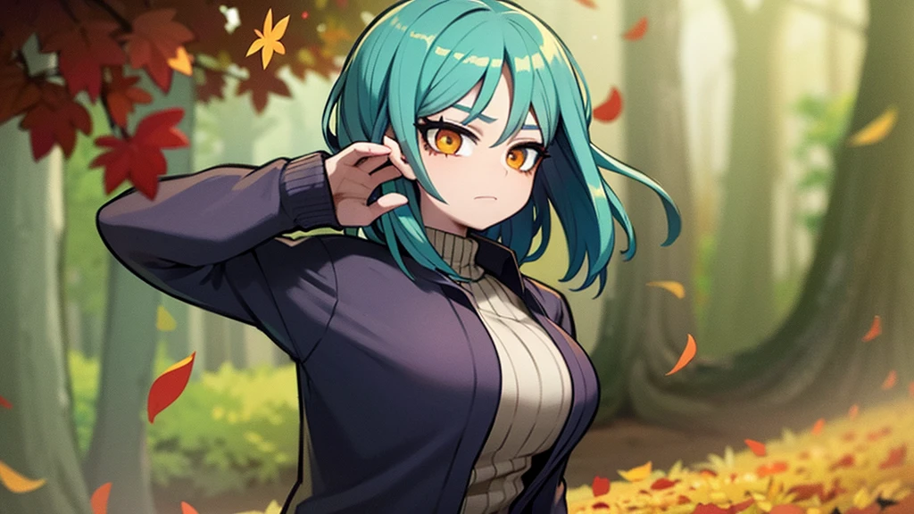 a girl with green hair, violet sweatshirt, autumn forest, perfect brown eyes, cinematic lighting, expression of joy, work of art, ultra definition, falling autumn leaves, half-length focus, pose on a corner of the image