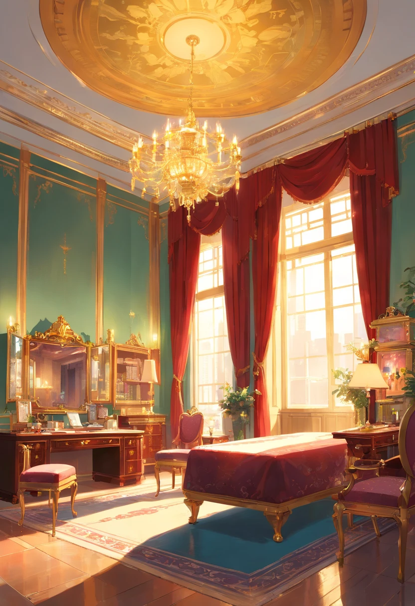 And now I felt a gentle push at the small of my back, and a tug at my hand, as if the room itself was inviting me in. “No--my shoes--” I began, but the push and the tug became firmer and I found myself stepping awkwardly across the threshold, onto the embroidered crimson velvet. The furniture was as grand as the room itself, carved and gilded and polished until it glowed in the sunlight streaming in the windows. There was an enormous bed on a dais, canopied in gold with a sheer white counterpane; the largest dressing-table I could imagine, covered with brushes and combs and cut-glass bottles of perfume and cosmetics; a writing-desk so elegant I could hardly imagine sitting at it; and rich golden velvet sofas and chairs scattered throughout the room, so that I could sit nearly anywhere if the mood suddenly struck me. I took another step into the room, my eyes wandering from the gorgeous walls to the magnificent furniture to the lofty ceiling hung with crystal chandeliers--the room was so large it needed five of them.