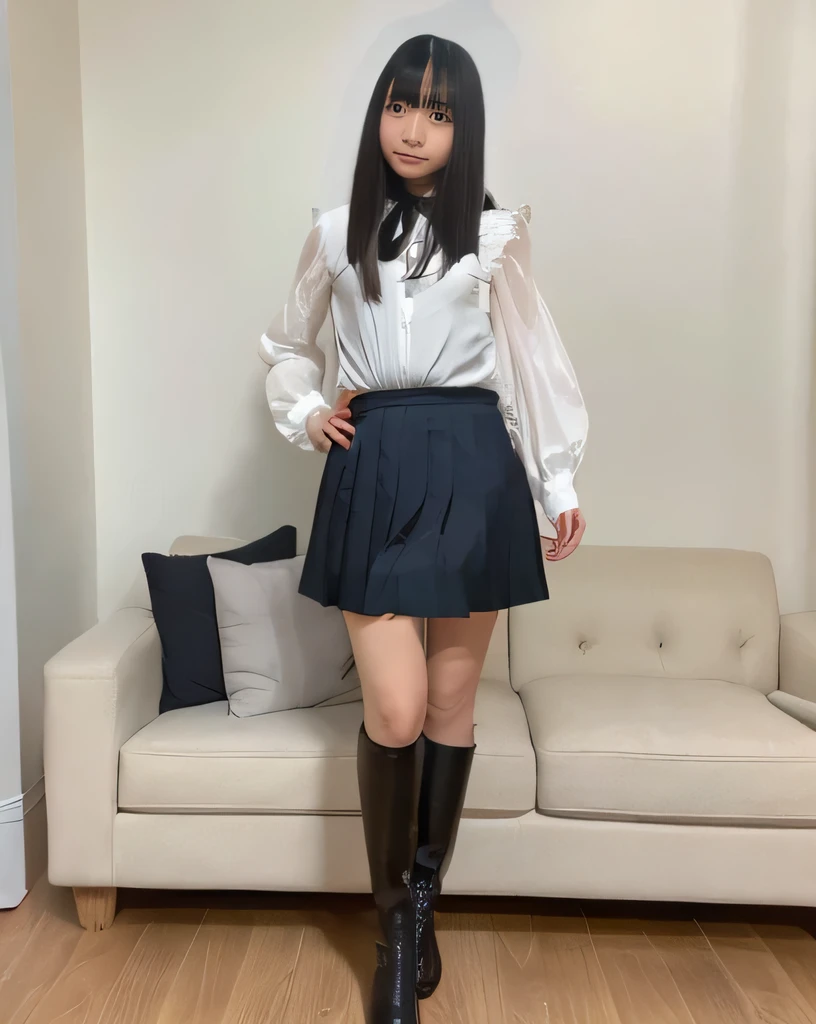 Highest quality,Super detailed,A woman standing in front of a large sofa in a living room,Long sleeve white blouse,black pleated mini skirt,One leg slightly raised,Black short boots,Posing for a photo
