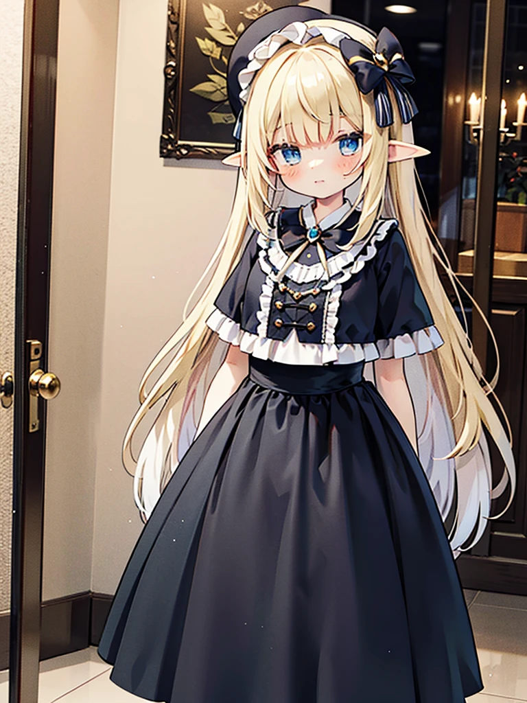 Black ta,Long skirt,blond,blue eyes,Girl,Elf