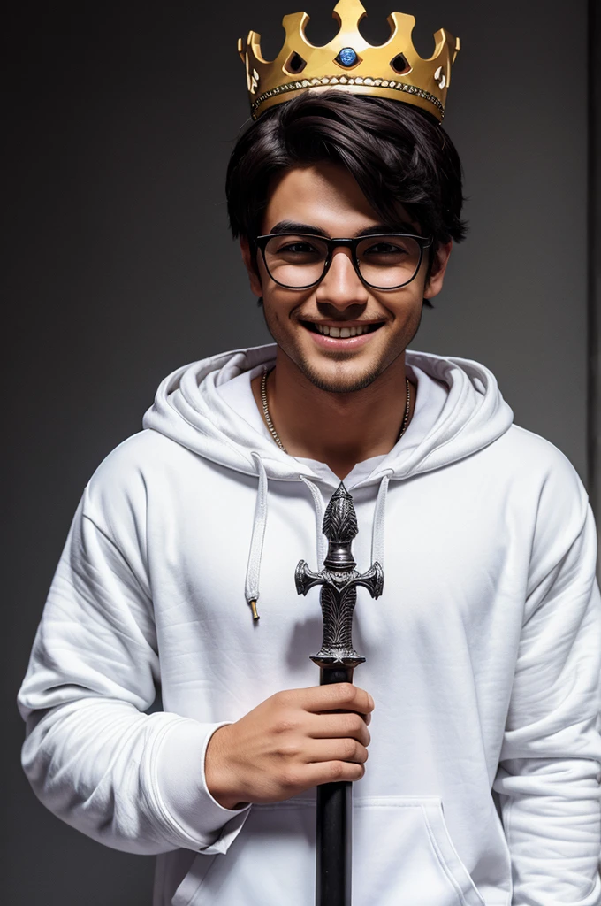 Make a realistic cartoon chill boy with (white hoodie), wearing crown, rounded black shade glasses & holding a god like sword in back with smiling