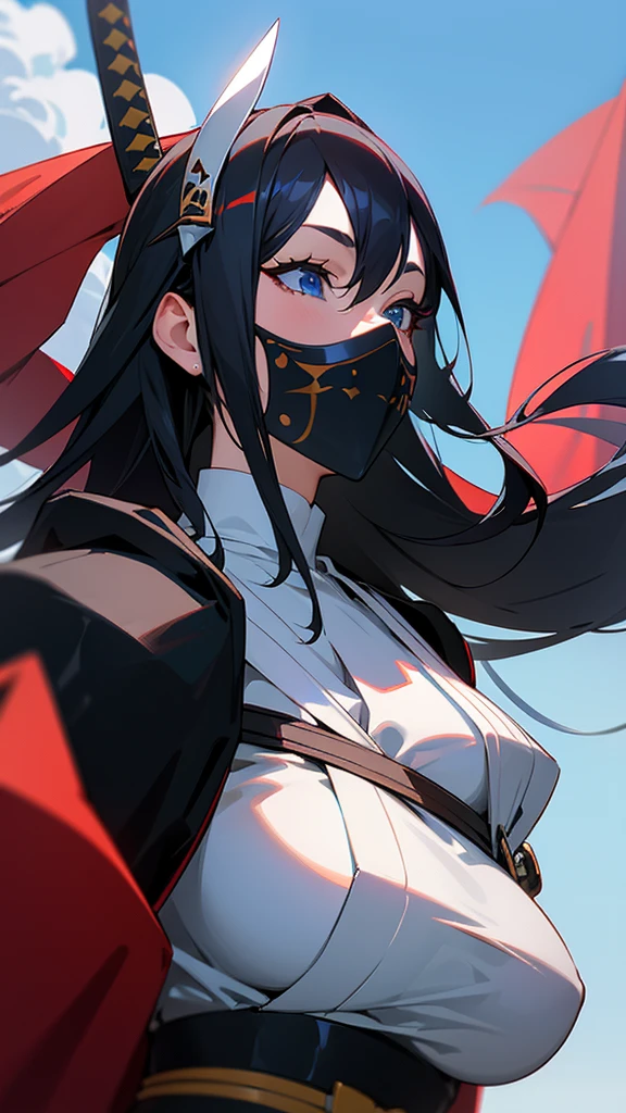 Masterpiece, one women, katana, long hair, mask, blue eyes, black hair, blue sky, k8, big booby