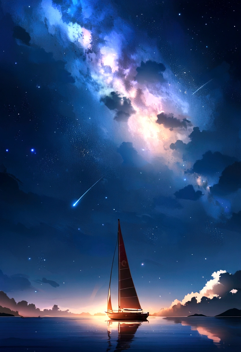 Master Parts、Superior Quality、superior image quality、The 8k quality、、Beautiful pictures of the starry sky、magnifica、Arched Milky Way:1.9、Sail ships:1.9、Blue Sea、shooting stars:1.9