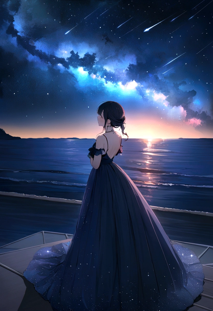 Master Parts、Superior Quality、superior image quality、The 8k quality、、Beautiful pictures of the starry sky、magnifica、Arched Milky Way:1.9、Sail ships:1.9、Blue Sea、shooting stars:1.9