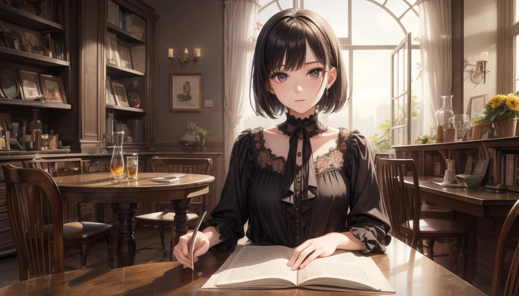 masterpiece, best quality, high quality, detailed, ultra detailed, hyper detailed, insanely detailed, exquisite, beautiful, FHD, Full-HD, 4K, 8K, 16K, highres, absurdres, background, a girl, intelligent, sitting, bob, short hair, black hair, black eyes, pale skin, , beautiful, medium shot, hopeful, blouse, pants, in the cafe, with a chair, with a table, with a bookshelf, with a book, with a flower, in the evening, dreamy atmosphere