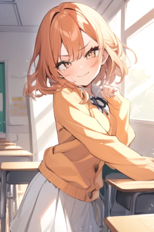 A beautiful girl with brown eyes, short ginger hair, wearing an orange cardigan, white skirt, sweet pose, smug expression, in a classroom