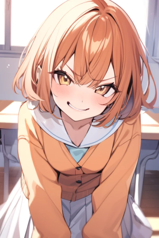 A beautiful girl with brown eyes, short ginger hair, wearing an orange cardigan, white skirt, sweet pose, smug expression, in a classroom