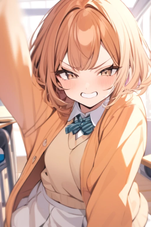 A beautiful girl with brown eyes, short ginger hair, wearing an orange cardigan, white skirt, sweet pose, smug expression, in a classroom