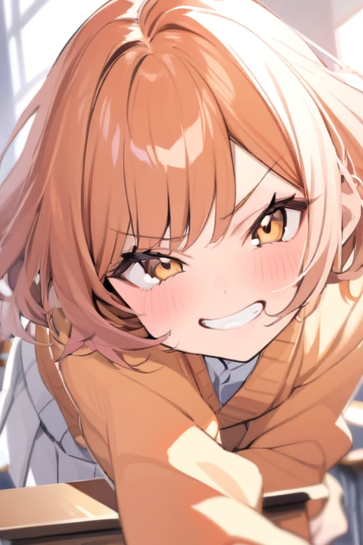 A beautiful girl with brown eyes, short ginger hair, wearing an orange cardigan, white skirt, sweet pose, smug expression, in a classroom