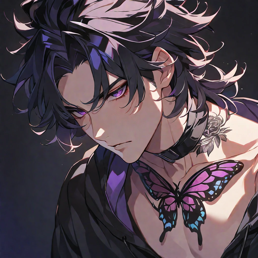 solo, handsome, Glossy feel,
1. male,
bangs,Straight Hair, ponytail,
black hair,
Izuku Midoriya,
purple Eyes,Soft look,beautiful,beautiful,Sexy,Darkness,butterfly Tattoo,Black Rose Tattoo,
black オーバーサイズ hoodie,clavicle,
skin,Black Rose,Alluring,
black background,Close-up,