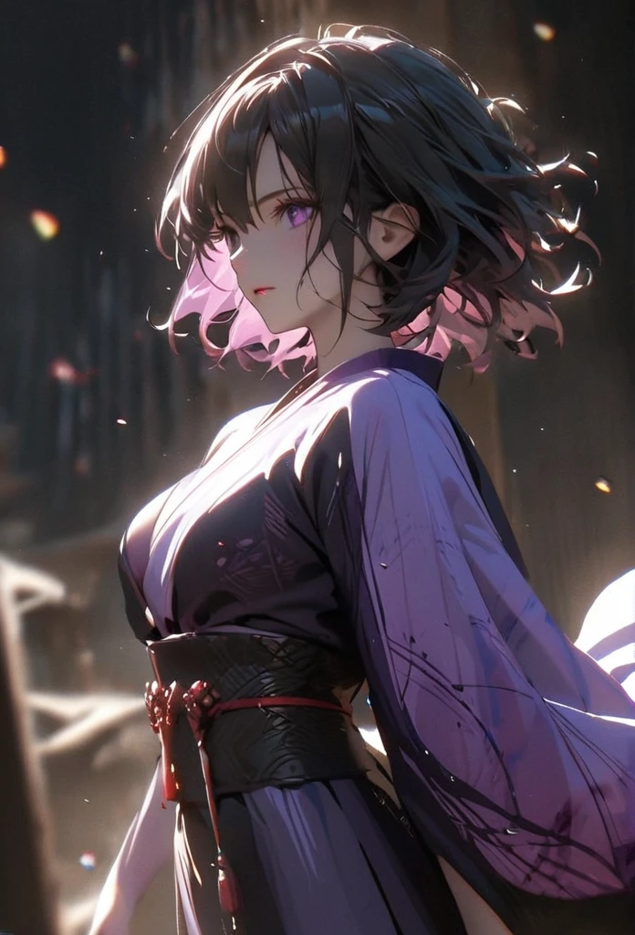 (solo), pitch black hair, messy hair, mane hair, short hair, dense hair, wild hair, expressive hai,(25 year old), pale skin, ((Female)), purple eyes, beautiful girl, wearing a black and purple kimono, beautiful, attractive, large breast, medium ass, Yin, eye reflection, depth of field, thunder aura, cinematic lighting, ray tracing, depth of field, cinematic lighting, ray tracing, UHD, high details, best quality, highres, high quality, award winning, super detail, masterpiece, 8k, UHD, high details, best quality, highres, high quality, award winning, super detail, masterpiece, 8k, digital art, anime coloring, body shot, good face, perfect face, detailed face, good eyes. The background is space.