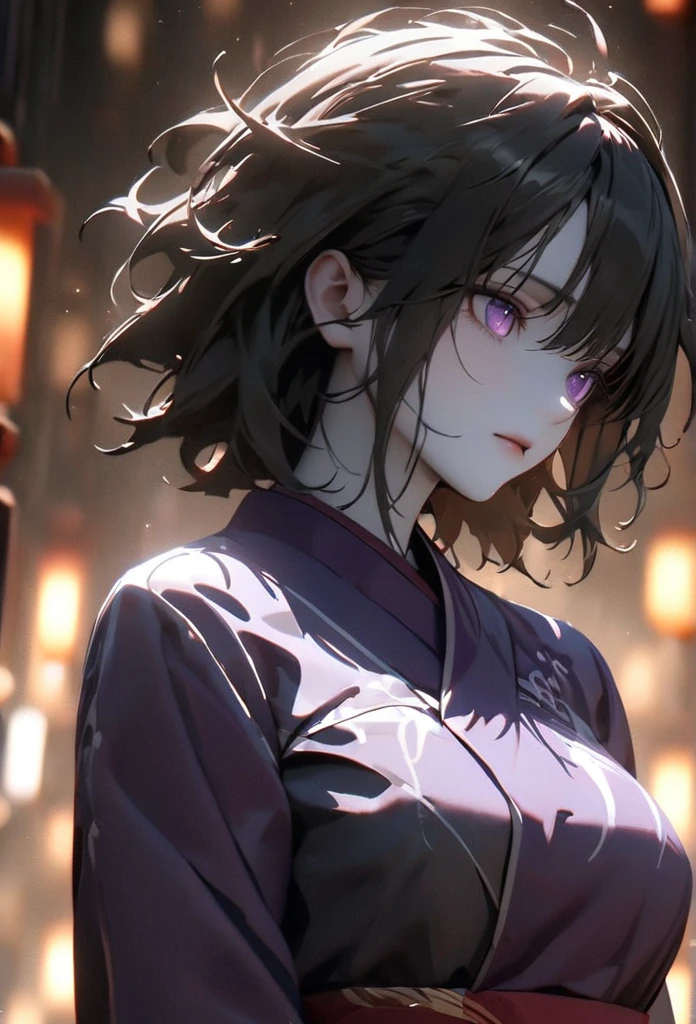 (solo), pitch black hair, messy hair, mane hair, short hair, dense hair, wild hair, expressive hai,(25 year old), pale skin, ((Female)), purple eyes, beautiful girl, wearing a black and purple kimono, beautiful, attractive, large breast, medium ass, Yin, eye reflection, depth of field, thunder aura, cinematic lighting, ray tracing, depth of field, cinematic lighting, ray tracing, UHD, high details, best quality, highres, high quality, award winning, super detail, masterpiece, 8k, UHD, high details, best quality, highres, high quality, award winning, super detail, masterpiece, 8k, digital art, anime coloring, body shot, good face, perfect face, detailed face, good eyes. The background is space.