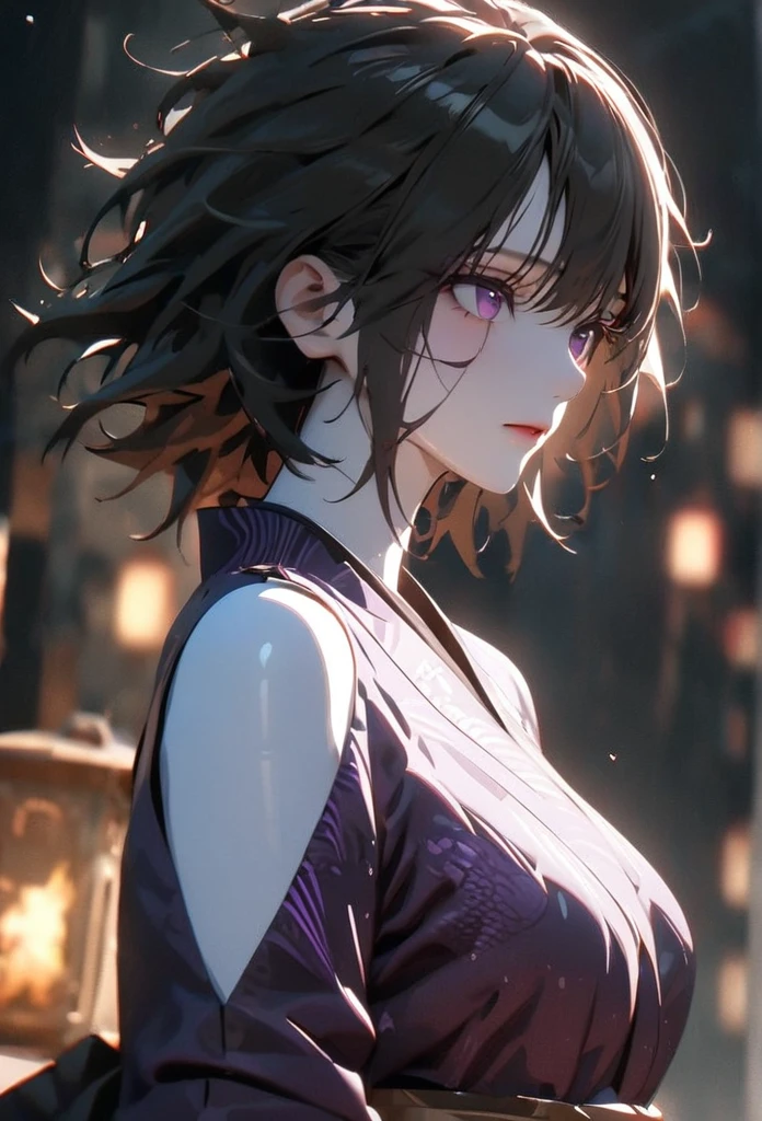 (solo), pitch black hair, messy hair, mane hair, short hair, dense hair, wild hair, expressive hai,(25 year old), pale skin, ((Female)), purple eyes, beautiful girl, wearing a black and purple kimono, beautiful, attractive, large breast, medium ass, Yin, eye reflection, depth of field, thunder aura, cinematic lighting, ray tracing, depth of field, cinematic lighting, ray tracing, UHD, high details, best quality, highres, high quality, award winning, super detail, masterpiece, 8k, UHD, high details, best quality, highres, high quality, award winning, super detail, masterpiece, 8k, digital art, anime coloring, body shot, good face, perfect face, detailed face, good eyes. The background is space.