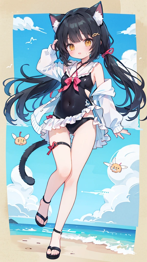 坐at the beach上豎起貓咪耳朵的動漫女孩, seductive anime girl,has black hair,Yellow eyes, , Beautiful anime girl, Cute anime girl, Anime cute art style, Cute anime waifu wearing black swimsuit, very Beautiful anime cat girl, at the beach, beautiful anime girl, Beautiful anime, Beautiful anime catgirl, Charming anime girl,have beautiful legs,Wearing black strappy high heels