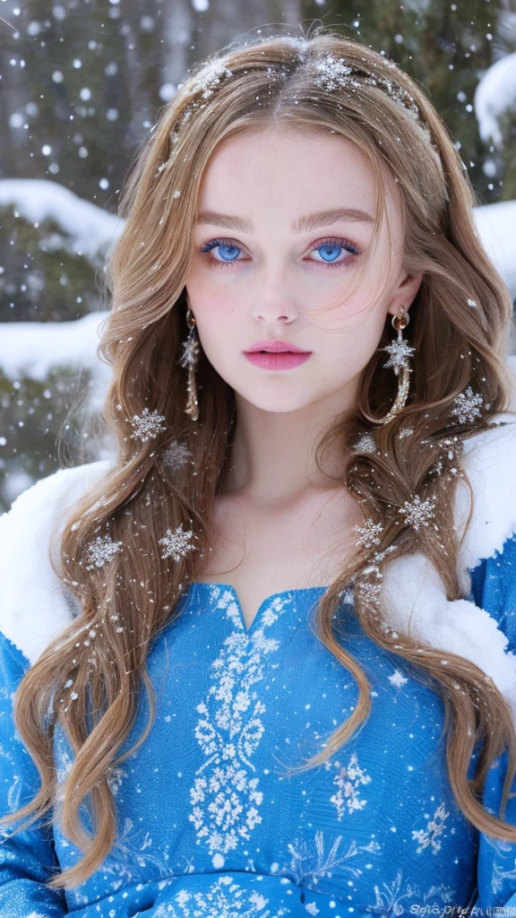 Beautiful girl - Lily Rose Depp, blue eyes, long curly white hair witg, detailed facial traits, beautiful earrings, national turkic female dress, naked breasts, yurta behind, it's snowing, sexy pose