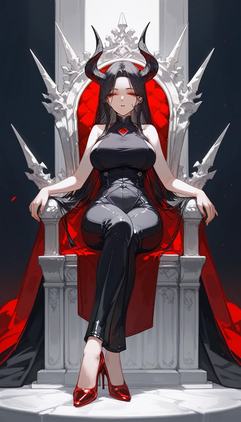 masterpiece, Score_9, Score_8_up, Score_7_up, front view, 1 woman, alone, black hair with red, long hair, parted bangs, dark red eyes, half-closed eyes, parted lips, expressionless, pale skin, large breasts, body suit, black bottom, best quality, horns up, long open bangs, black sleeveless shirt, black V-neck, red baggy pants, high heels, Sitting on a throne.