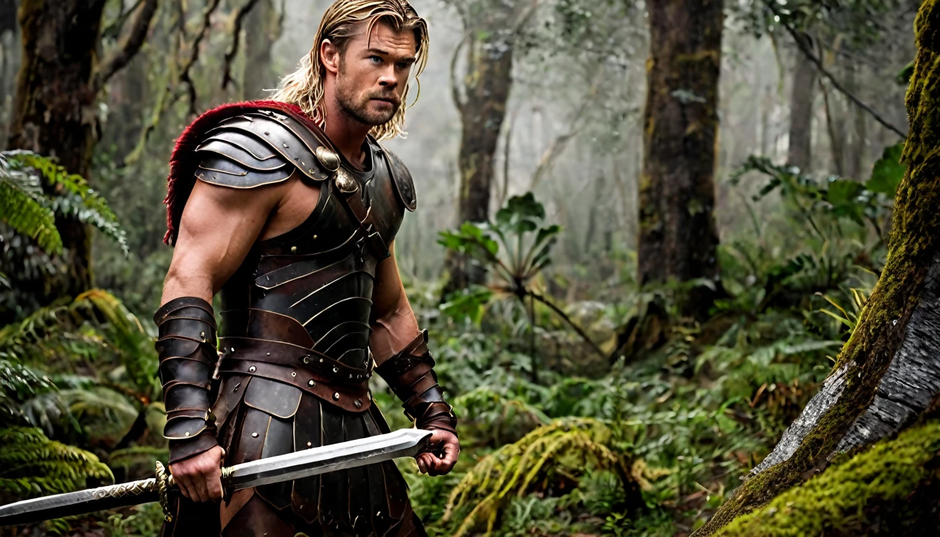 Chris Hemsworth, long blonde hair, dressed in gladiator armor, carries a sword in his hand, (fighting a barbarian, savage), in a forest, (his entire body can be seen) epic image, dark image, noir image, , ethereal image, gloomy atmosphere. highly detailed image, sharp focus, studio photography, xf iq 4, 1 5 0 0 0 0 mp, 5 0 mm, iso 2 0 0, 1/1 6 0 s, realistic, natural light, octane rendering, adobe lightroom , thirds resolution, symmetrical balance, depth layers, polarizing filter, ..., hd, color optics, ..., hd, opaque color,