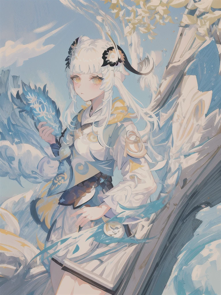 masterpiece, best quality, ultra-detailed, illustration, close-up, straight on, face focus, 1girl, white hair, serene expression, looking at viewer, (yelan \(genshin impact\):1.4), white jacket, tassel