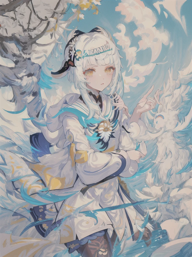 masterpiece, best quality, ultra-detailed, illustration, close-up, straight on, face focus, 1girl, white hair, serene expression, looking at viewer, (yelan \(genshin impact\):1.4), white jacket, tassel