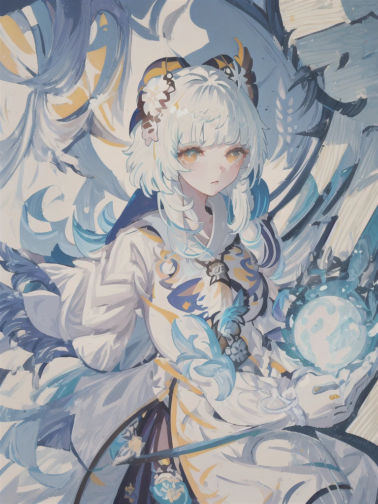 masterpiece, best quality, ultra-detailed, illustration, close-up, straight on, face focus, 1girl, white hair, serene expression, looking at viewer, (yelan \(genshin impact\):1.4), white jacket, tassel
