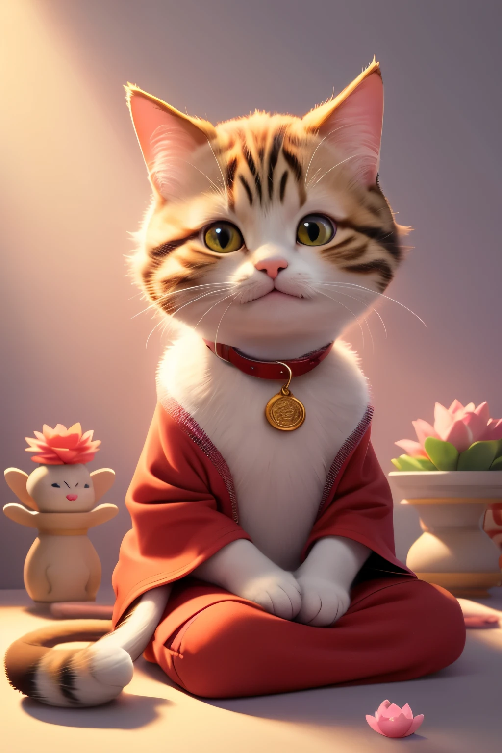 1cat,solo,sitting,relaxed,looking at viewer,calm expression,fluffy fur,brown tabby pattern,wearing a cute collar and red robe with golden kasaya,peaceful background with a Buddha,cat sitting at Buddha's lap,lotus flowers,soft pastel colors,animation style,high quality,heavenly light effects,(Masterpiece:1.25),(best quality:1.25),(ultra-detailed:1.1),(adorable:1.1),(kawaii style:1.1),(high resolution:1.2)