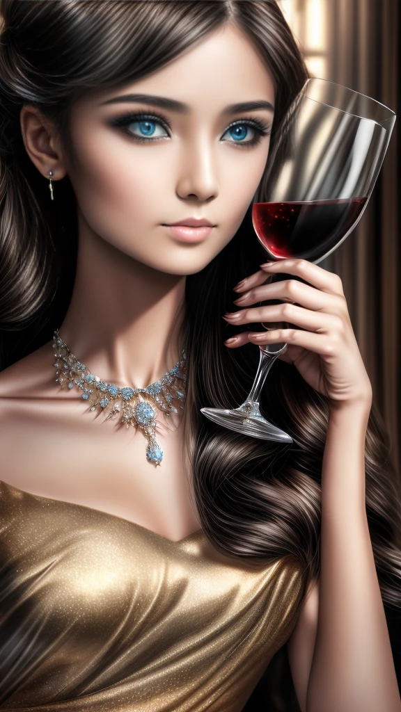 a beautiful woman in an evening dress, holding a glass of wine, seducing the surroundings, detailed realistic portrait, (best quality,4k,8k,highres,masterpiece:1.2),ultra-detailed,(realistic,photorealistic,photo-realistic:1.37),intricate details, chiaroscuro lighting, warm color tones, luxurious and elegant, dramatic pose, alluring gaze, flawless skin, glossy lips, long eyelashes, delicate jewelry, flowing dress, moody atmosphere, cinematic composition