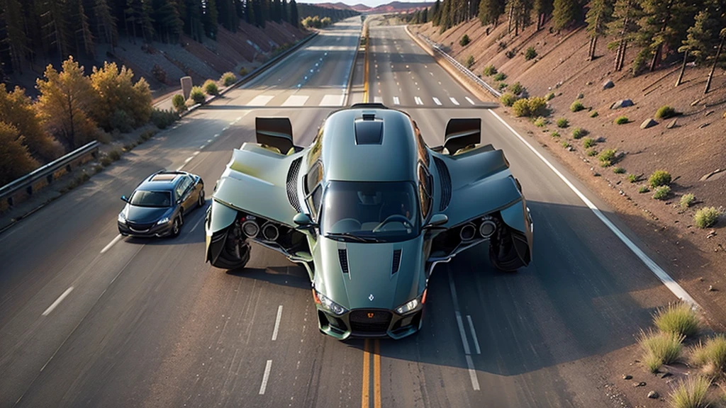 Please generate an illustration showing the application of autonomous driving. The content should feature a vehicle safely driving on a highway, utilizing AI technology and autonomous driving functions. The system should effectively detect the cars ahead and maintain a safe distance between vehicles. The background should show many cars driving on the highway, viewed from a top-down perspective. The photo style should be minimalist, bright, naturally colored, and clear.