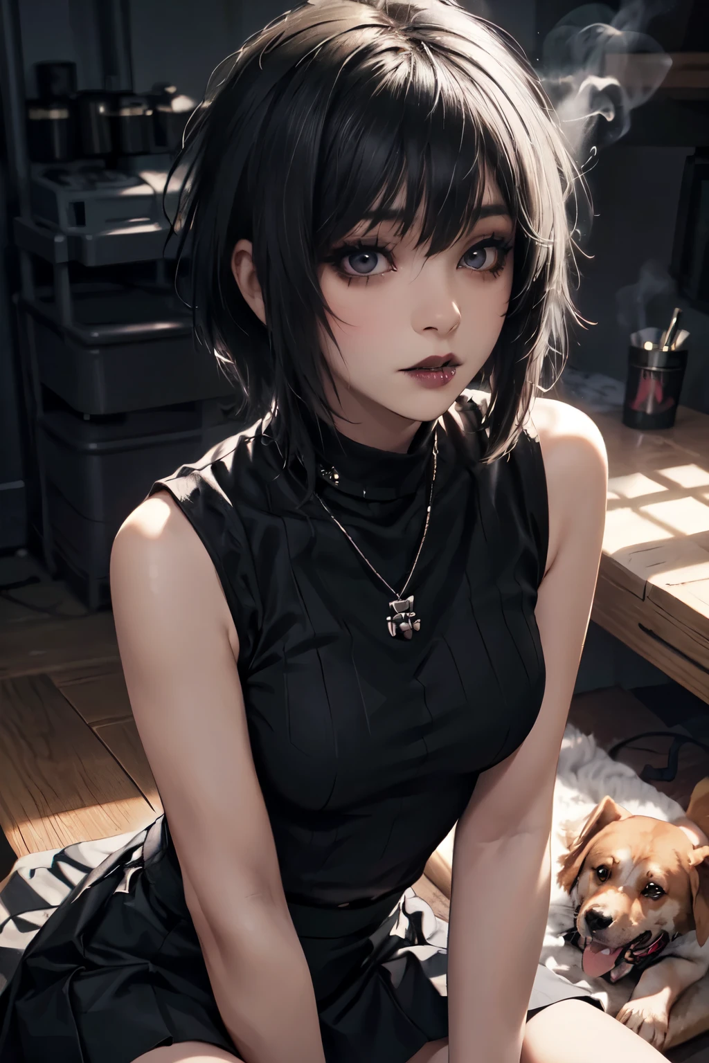 Girl, woman, emo_hairstyle, black lipstick, dog collar, eyeliner, eye shadow, smoky eyes, realistic lighting, short hair, tighhighs, sleeveless turtleneck, shirt skirt.