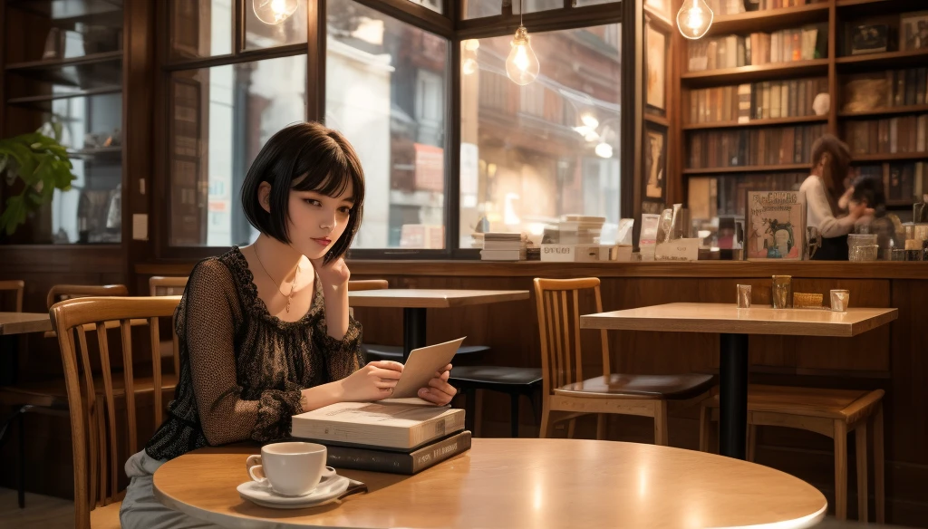 masterpiece, best quality, high quality, detailed, ultra detailed, hyper detailed, insanely detailed, exquisite, beautiful, FHD, Full-HD, 4K, 8K, 16K, highres, absurdres, background, a girl, intelligent, sitting, bob, short hair, black hair, black eyes, pale skin, , beautiful, medium shot, hopeful, blouse, pants, in the cafe, with a chair, with a table, with a bookshelf, with a book, with a flower, in the evening, dreamy atmosphere
