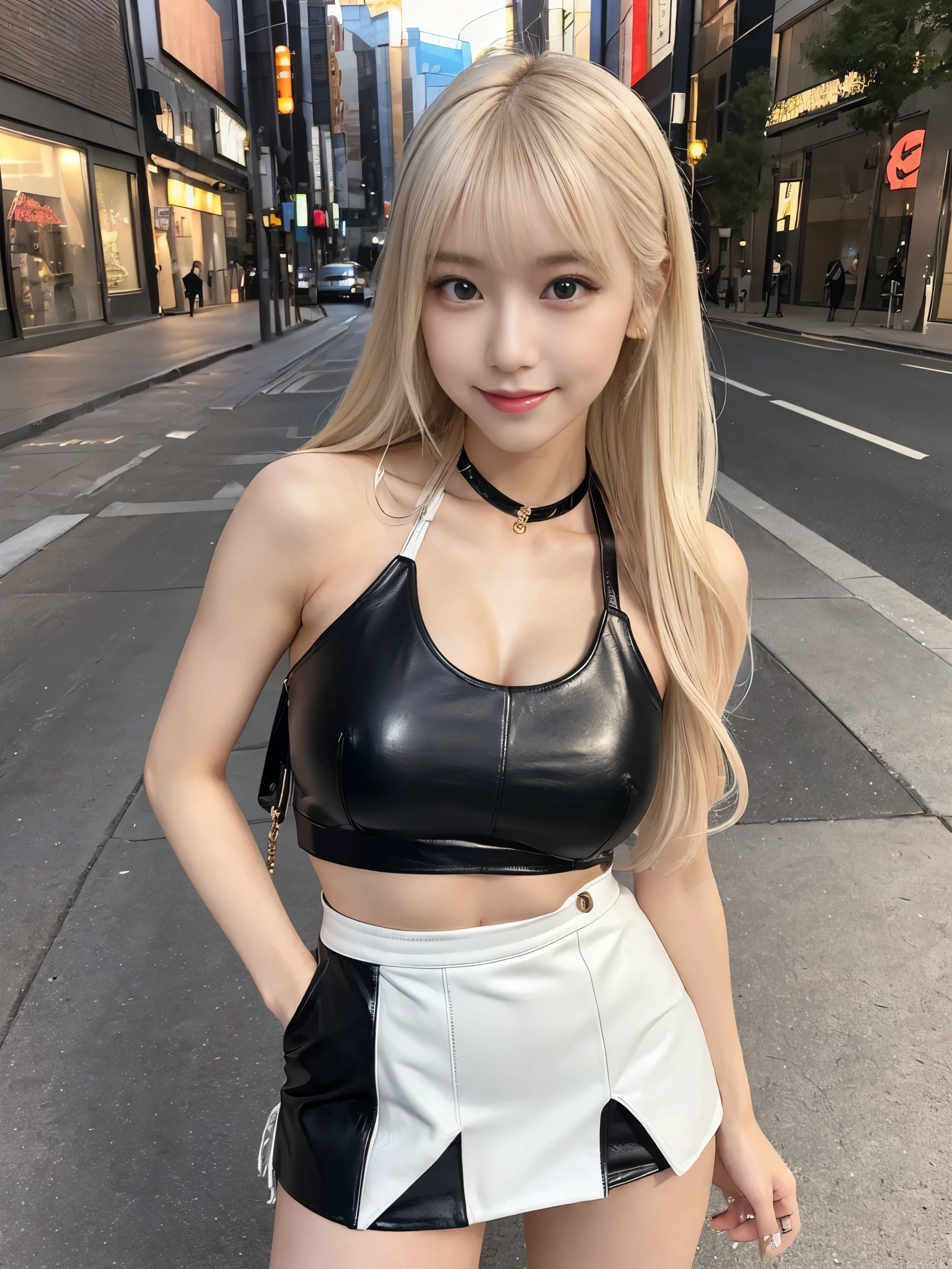 (Full Body Shot:1.3),( Masterpiece, Highest quality), 98k, ((Perfect Anatomy:1.2)),Beautiful Japanese Women, Succubus,(One person:1.3), 20-year-old, Small face,(Cute face:1.2),Smiling, Larger breasts, ,Beautiful and detailed eyes, Evenly spaced eyes 1.2, long platinum blonde hair,(Random Hairstyles), (Highly detailed face and skin texture), Beautiful face in golden proportions,White skin,(Black leather mini skirt:1.2),Random sexy poses、(Expose the valley:1.3),(Exposing your thighs:1.2),Gal Makeup,Halter neck