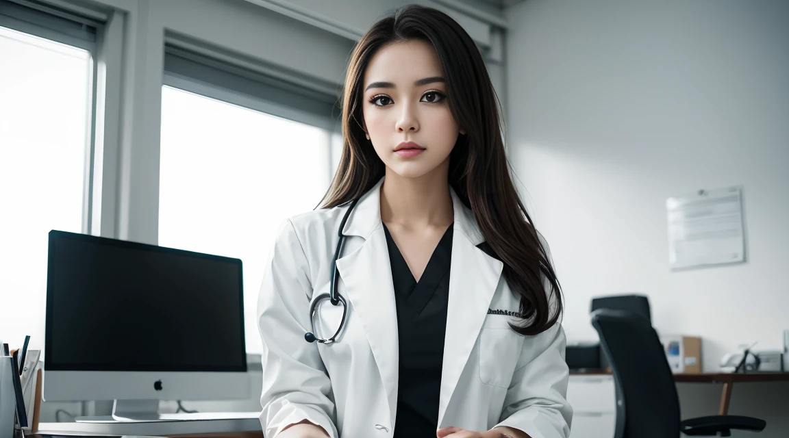 Beautiful female doctor in white coat, stethoscope around neck, full body, hospital examination white room, sitting cross-legged on office chair, thighs peeking out from white coat, black stockings, computer and keyboard on desk, (Excellent photograph, Best picture quality, High resolution: 1. 4), detail, extreme color, (Beautiful face) Ambient Soft Lighting, 4K, Bokeh, Background Blur, Depth of Field, Bokeh, Free Viewpoint, Photography, Attractive Young Woman, (Beautiful Face: 1.1), Narrow Eyes, Luscious Lips, (Smoky Eye Makeup: 0.85), (Moody Lighting: 1.2), Depth of Field, Bokeh, 4K, HDR.